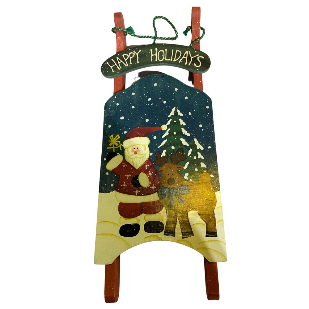NWOT Santa Claus and Reindeer Wooden Sled Christmas Decoration